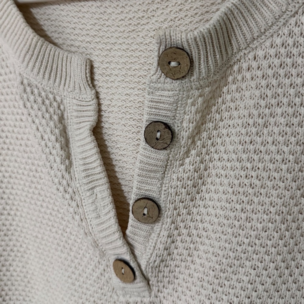 Free People Beach Cream Oversized Henley Textured Knit Sweater Medium Ivory Boho - Picture 2 of 4